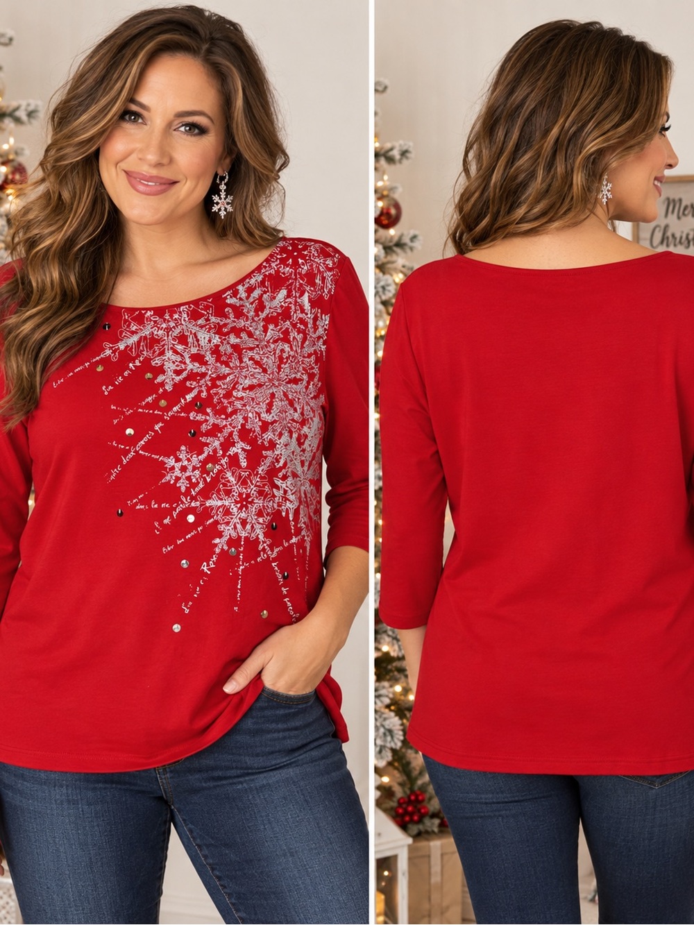 Ruby Rd Red Silver Snowflake Christmas Holiday Top Women’s L Sequin Glitter